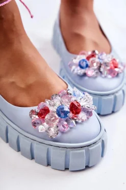 Sale Boto Skórzane Baleriny Na Platformie Z Kolorową Ozdobą Niebieskie Ladette