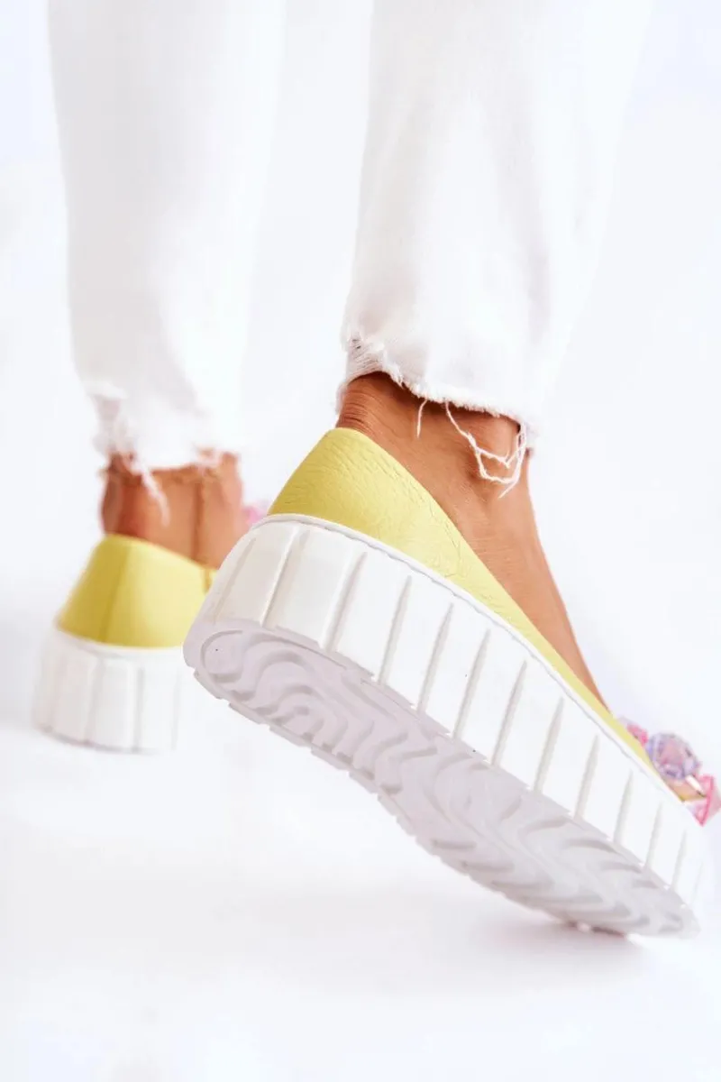 Hot Skórzane Baleriny Na Platformie Z Kolorową Ozdobą Żółte Ladette Damskie Baleriny Skórzane|Baleriny Klasyczne