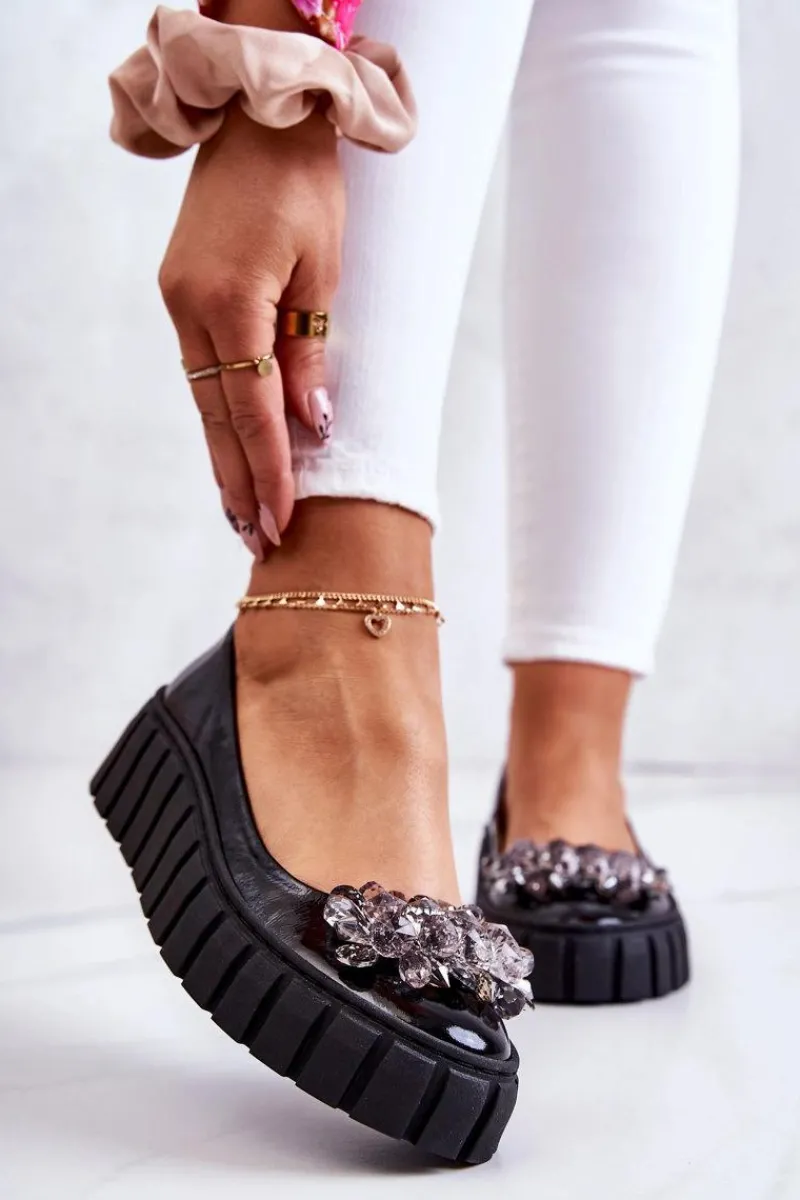 New Boto Skórzane Baleriny Na Platformie Z Ozdobą Czarne Ladette