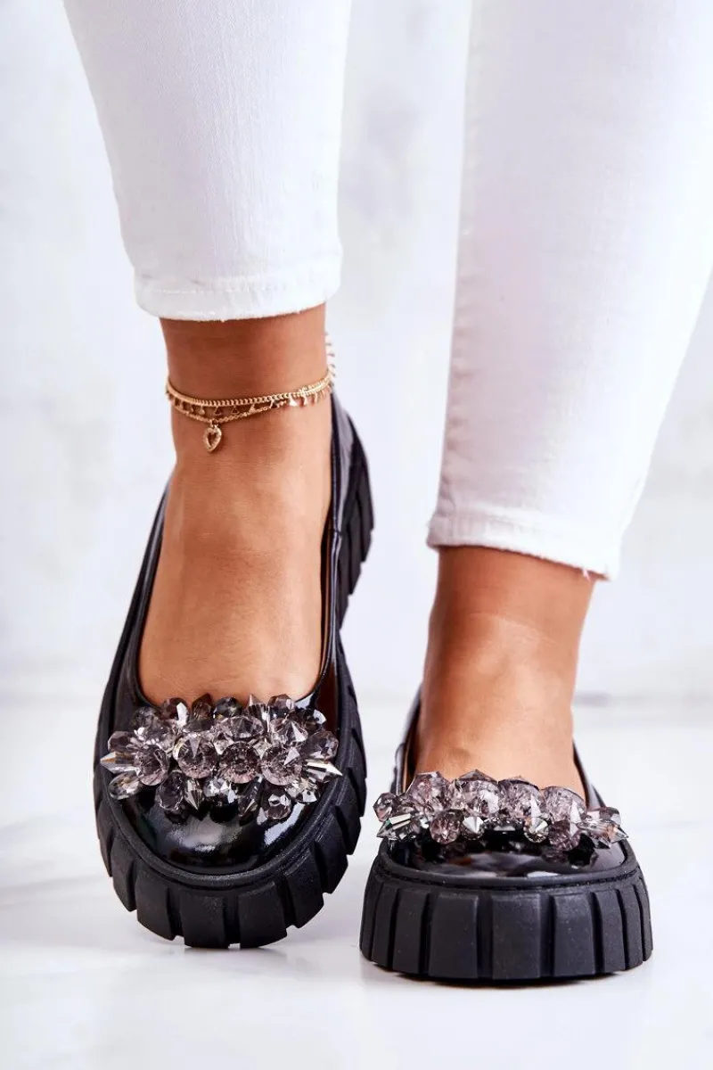 New Boto Skórzane Baleriny Na Platformie Z Ozdobą Czarne Ladette