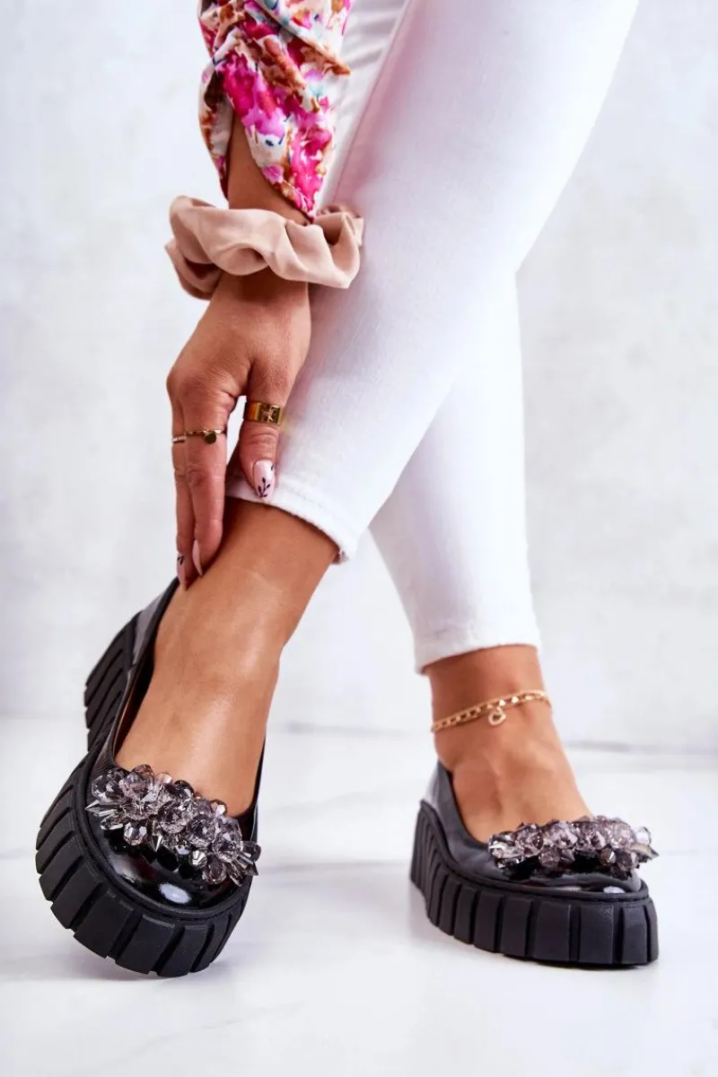 New Boto Skórzane Baleriny Na Platformie Z Ozdobą Czarne Ladette