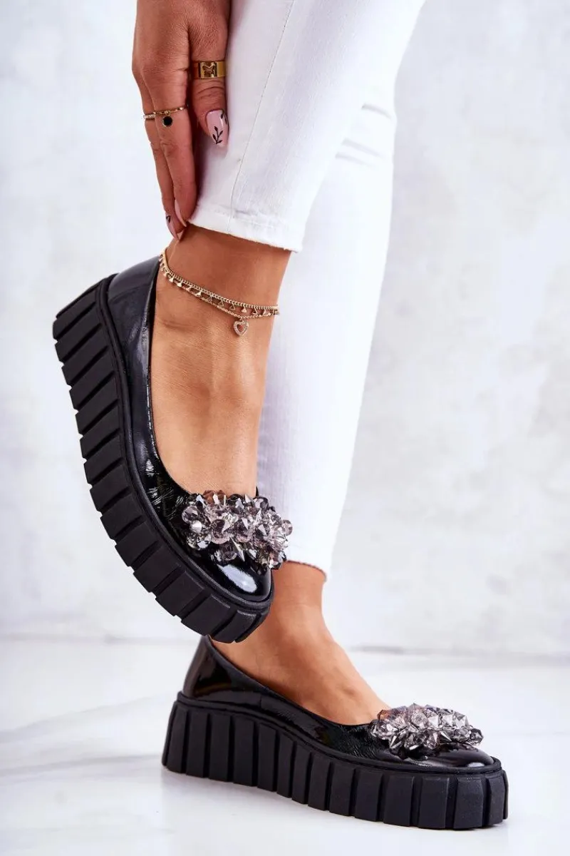 New Boto Skórzane Baleriny Na Platformie Z Ozdobą Czarne Ladette