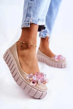 Baleriny Skórzane|Baleriny Klasyczne>Boto Skórzane Baleriny Na Platformie Z Kolorową Ozdobą Beżowe Ladette