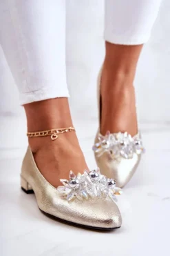 Sale Skórzane Baleriny Z Elegancką Ozdobą Złote Millany Damskie Baleriny Skórzane|Baleriny Klasyczne