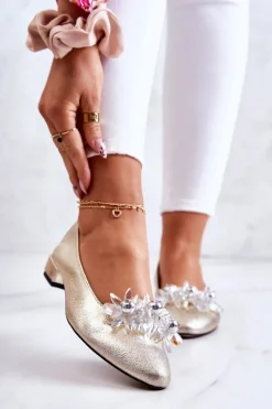 Sale Skórzane Baleriny Z Elegancką Ozdobą Złote Millany Damskie Baleriny Skórzane|Baleriny Klasyczne