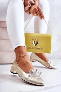 Sale Skórzane Baleriny Z Elegancką Ozdobą Złote Millany Damskie Baleriny Skórzane|Baleriny Klasyczne