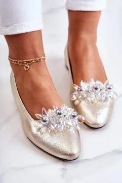 Sale Skórzane Baleriny Z Elegancką Ozdobą Złote Millany Damskie Baleriny Skórzane|Baleriny Klasyczne