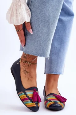 Clearance Maciejka Skórzane Baleriny Z Frędzlami 04016-17 Granatowe