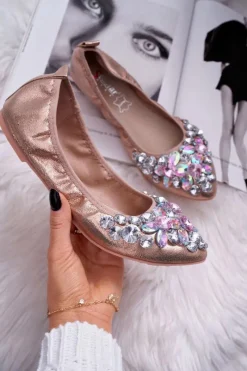 New Boto Skórzane Baleriny z Kamieniami Różowe Złoto Crystal
