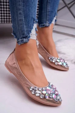 New Boto Skórzane Baleriny z Kamieniami Różowe Złoto Crystal