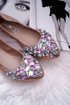 New Boto Skórzane Baleriny z Kamieniami Różowe Złoto Crystal