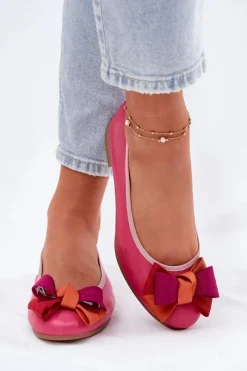 Online Maciejka Skórzane Baleriny Z Kokardką P6801-15 Fuksja