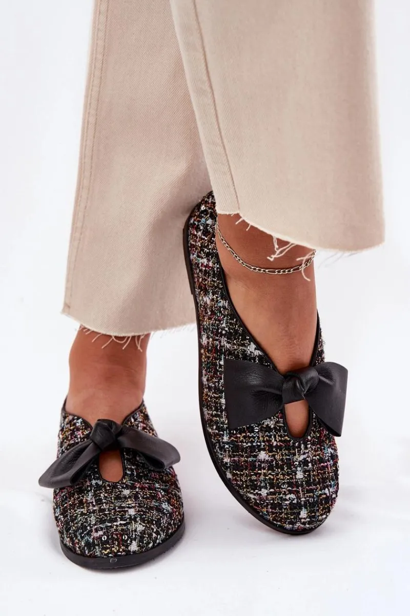 Laura Messi Skórzane Baleriny Z Kokardą 2921 Czarne