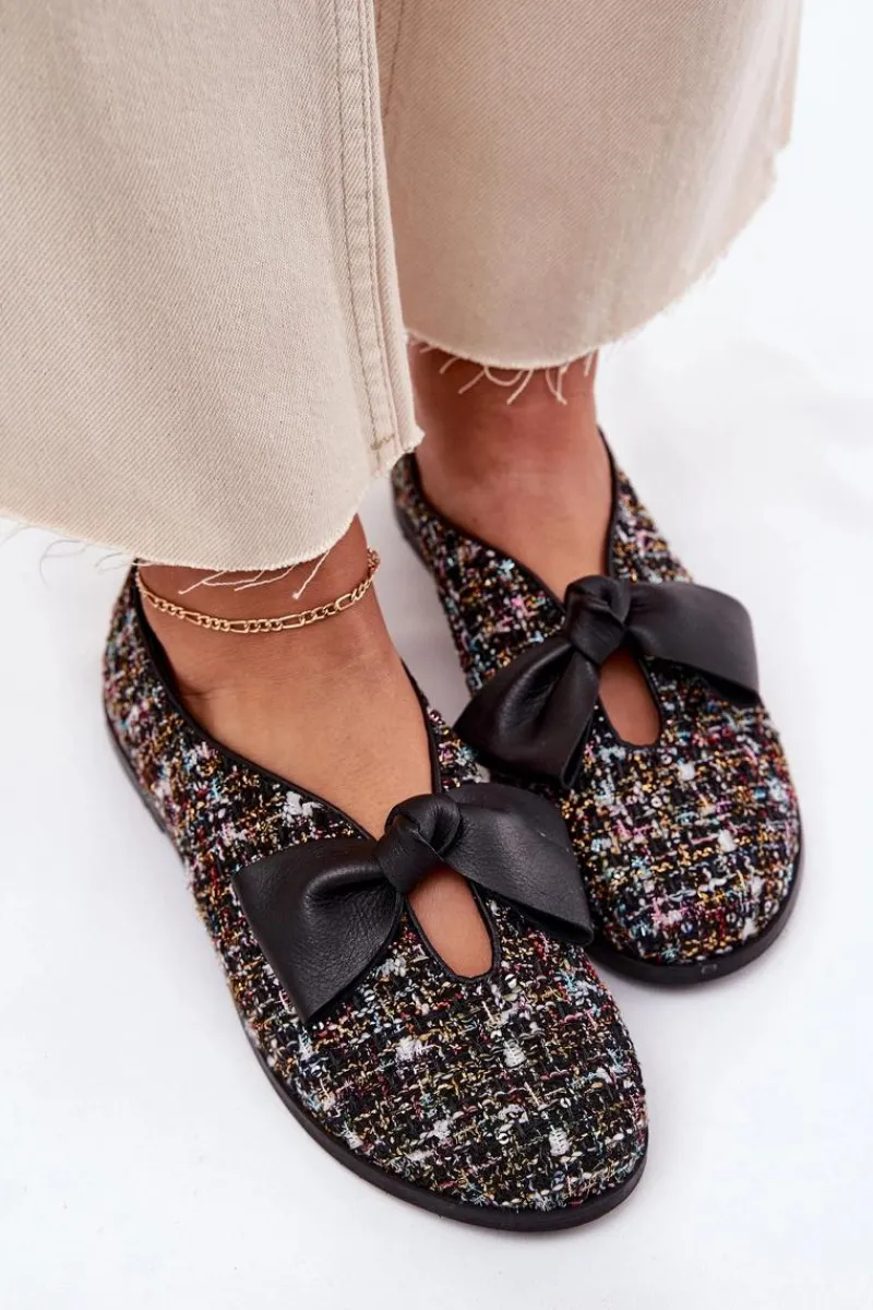 Laura Messi Skórzane Baleriny Z Kokardą 2921 Czarne