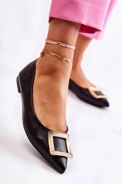 New Skórzane Baleriny Z Ozdobą W Szpic Czarno-Złote Simone Damskie Baleriny Klasyczne