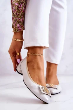 Discount Skórzane Baleriny Z Ozdobą Biało-Złote Joliet Damskie Baleriny Skórzane|Baleriny Klasyczne