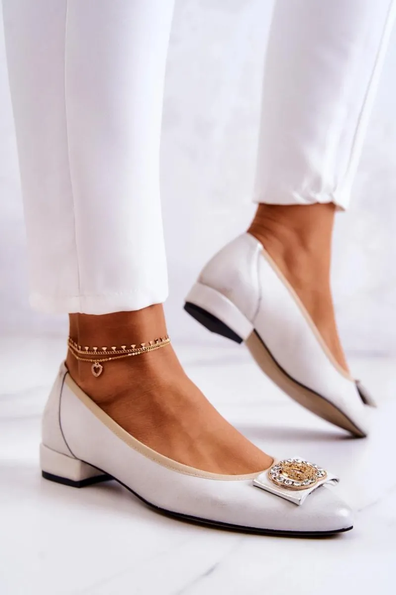 Discount Skórzane Baleriny Z Ozdobą Biało-Złote Joliet Damskie Baleriny Skórzane|Baleriny Klasyczne