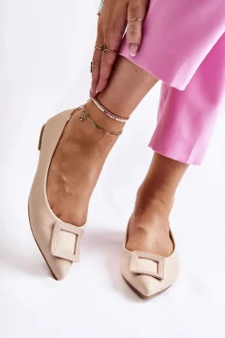 Hot Boto Skórzane Baleriny Z Ozdobą W Szpic Beżowe Simone