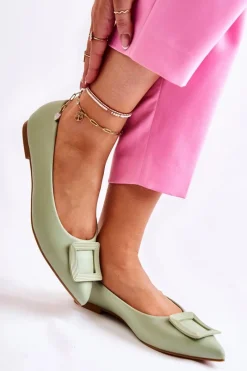 Sale Boto Skórzane Baleriny Z Ozdobą W Szpic Zielone Simone