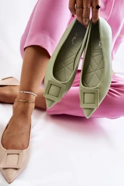 Sale Boto Skórzane Baleriny Z Ozdobą W Szpic Zielone Simone