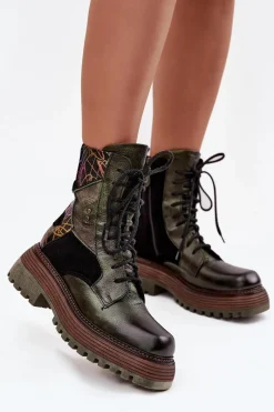 Online Skórzane Botki Damskie Na Platformie 07104-09 Ciemnozielone Damskie Botki Ocieplane|Botki Maciejka