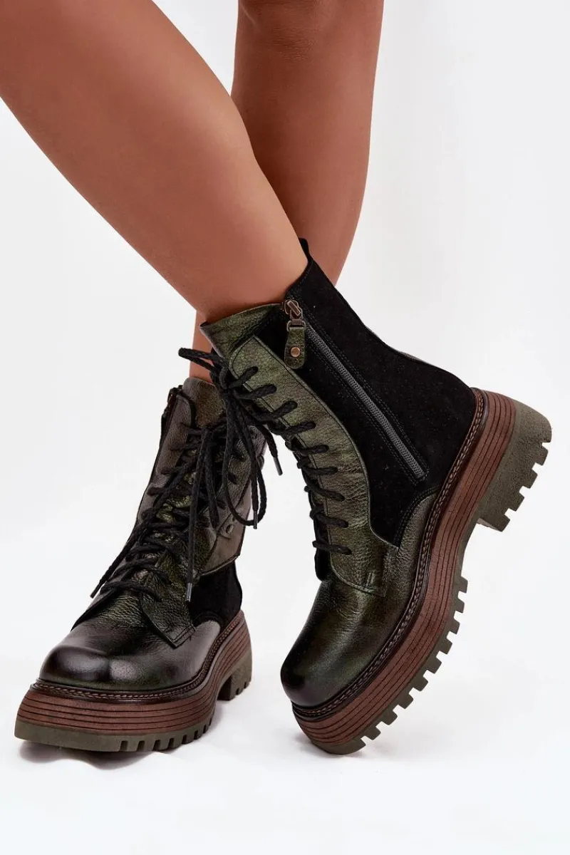 Online Skórzane Botki Damskie Na Platformie 07104-09 Ciemnozielone Damskie Botki Ocieplane|Botki Maciejka