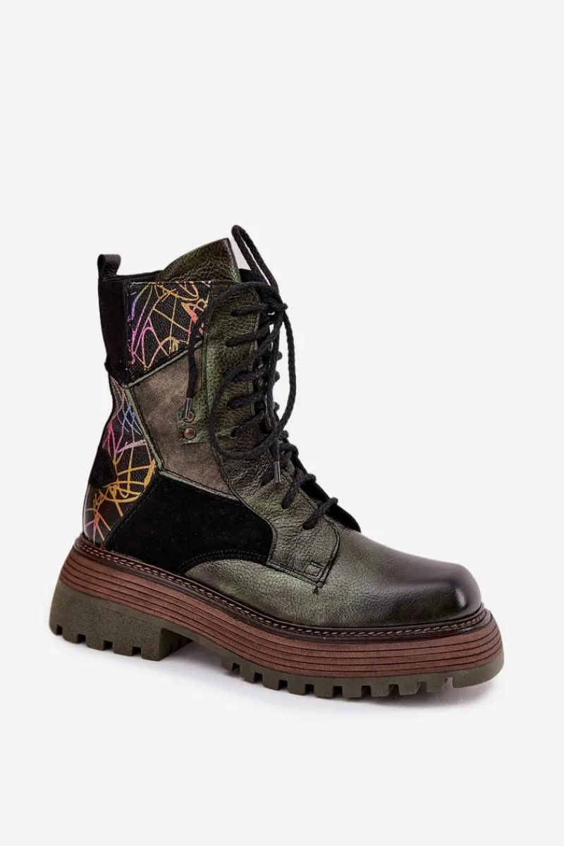 Online Skórzane Botki Damskie Na Platformie 07104-09 Ciemnozielone Damskie Botki Ocieplane|Botki Maciejka