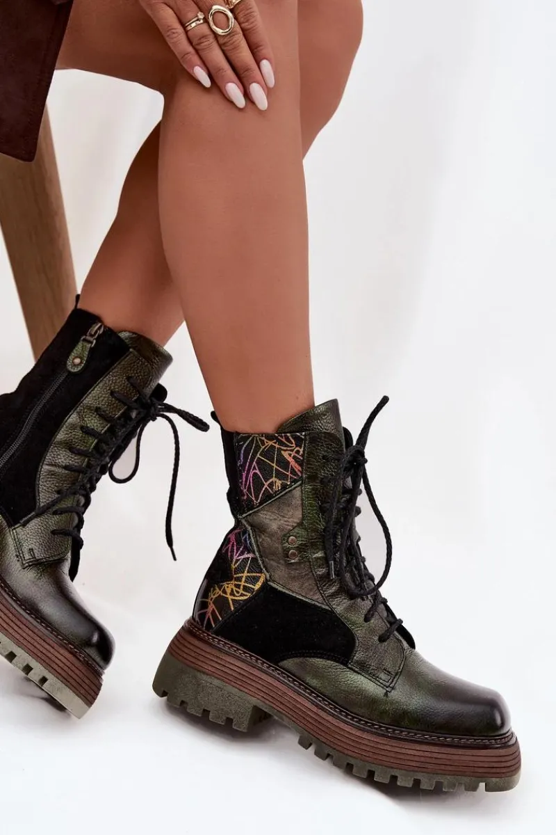 Online Skórzane Botki Damskie Na Platformie 07104-09 Ciemnozielone Damskie Botki Ocieplane|Botki Maciejka