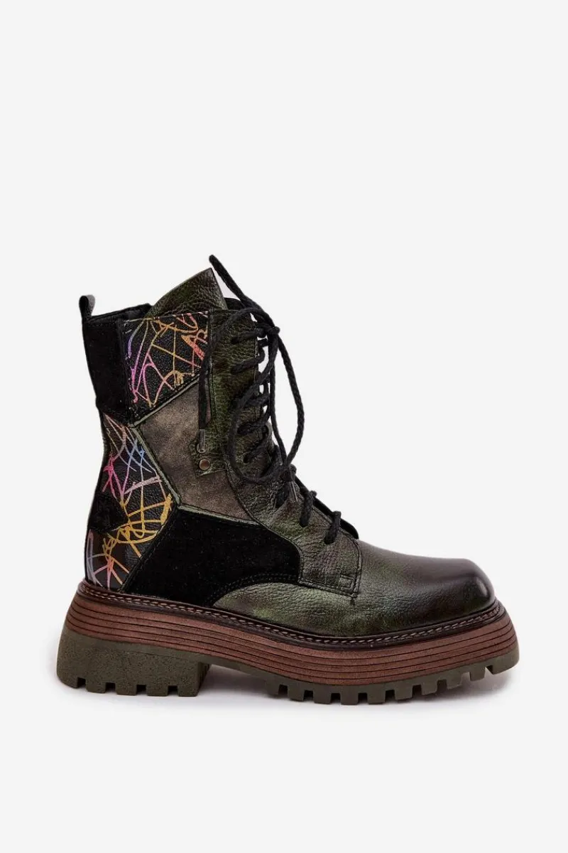 Online Skórzane Botki Damskie Na Platformie 07104-09 Ciemnozielone Damskie Botki Ocieplane|Botki Maciejka