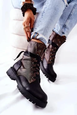 Best Skórzane Botki Brązowo-Czarne Lonevis Damskie Botki Sznurowane|Czarne Botki