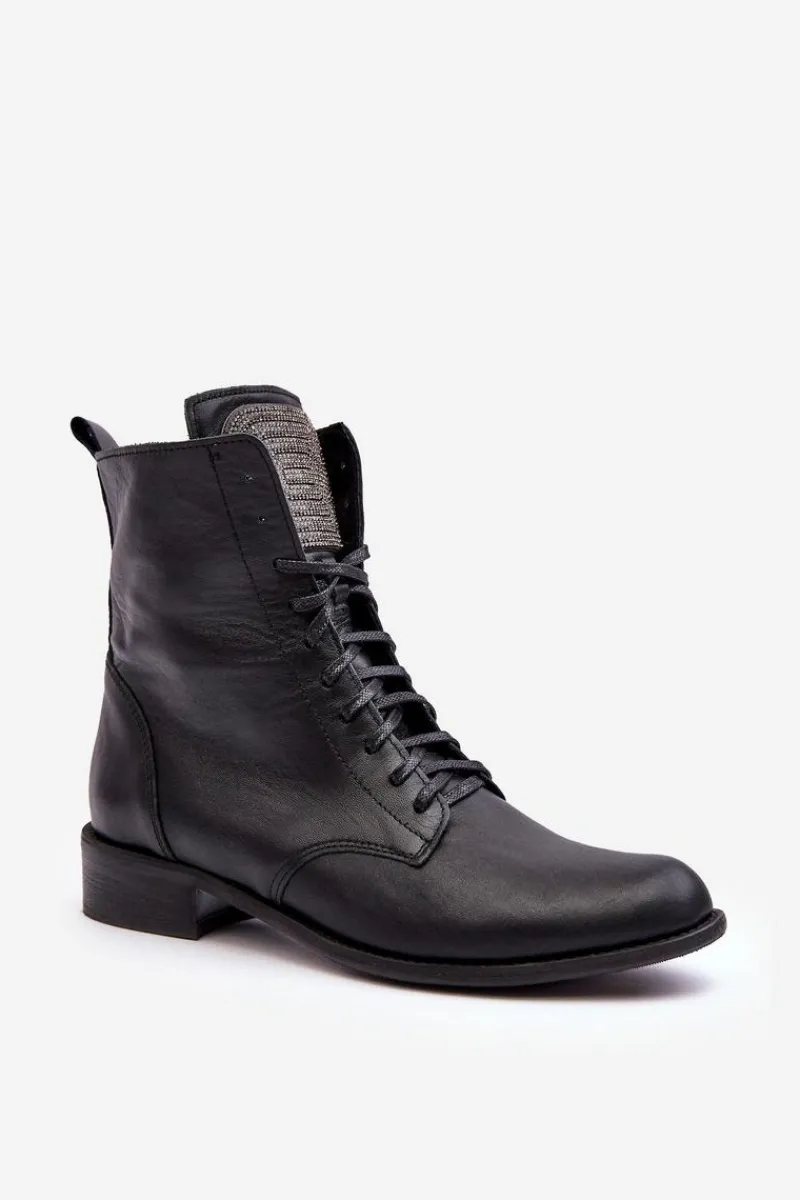 Botki Sznurowane|Botki Płaskie>Boto Skórzane Botki Damskie Czarne Nicole 2848