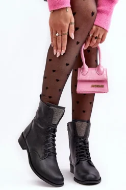 Botki Sznurowane|Botki Płaskie>Boto Skórzane Botki Damskie Czarne Nicole 2848