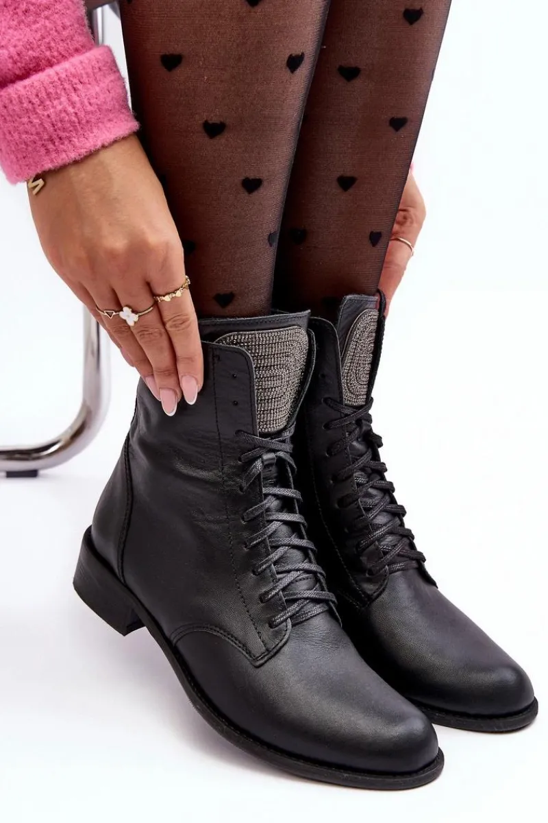 Botki Sznurowane|Botki Płaskie>Boto Skórzane Botki Damskie Czarne Nicole 2848