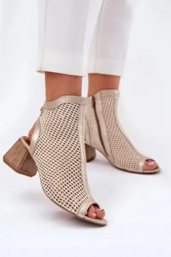 Botki Wiosenne|Botki Maciejka>Maciejka Skórzane Botki Damskie Na Obcasie Z Odkrytą Piętą 06899-25 Złoto-Beżowe