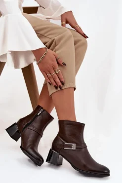 Botki Ocieplane|Brązowe I Beżowe Botki>Zazoo Skórzane Botki Damskie Na Obcasie Z Klamrą 60562 Czekoladowe