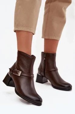 Botki Ocieplane|Brązowe I Beżowe Botki>Zazoo Skórzane Botki Damskie Na Obcasie Z Klamrą 60562 Czekoladowe