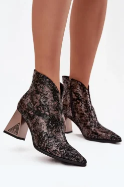 Sale Skórzane Botki Damskie Na Słupku CR52-679 Czarne Damskie Botki Ocieplane|Botki Skórzane