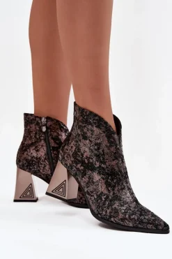 Sale Skórzane Botki Damskie Na Słupku CR52-679 Czarne Damskie Botki Ocieplane|Botki Skórzane