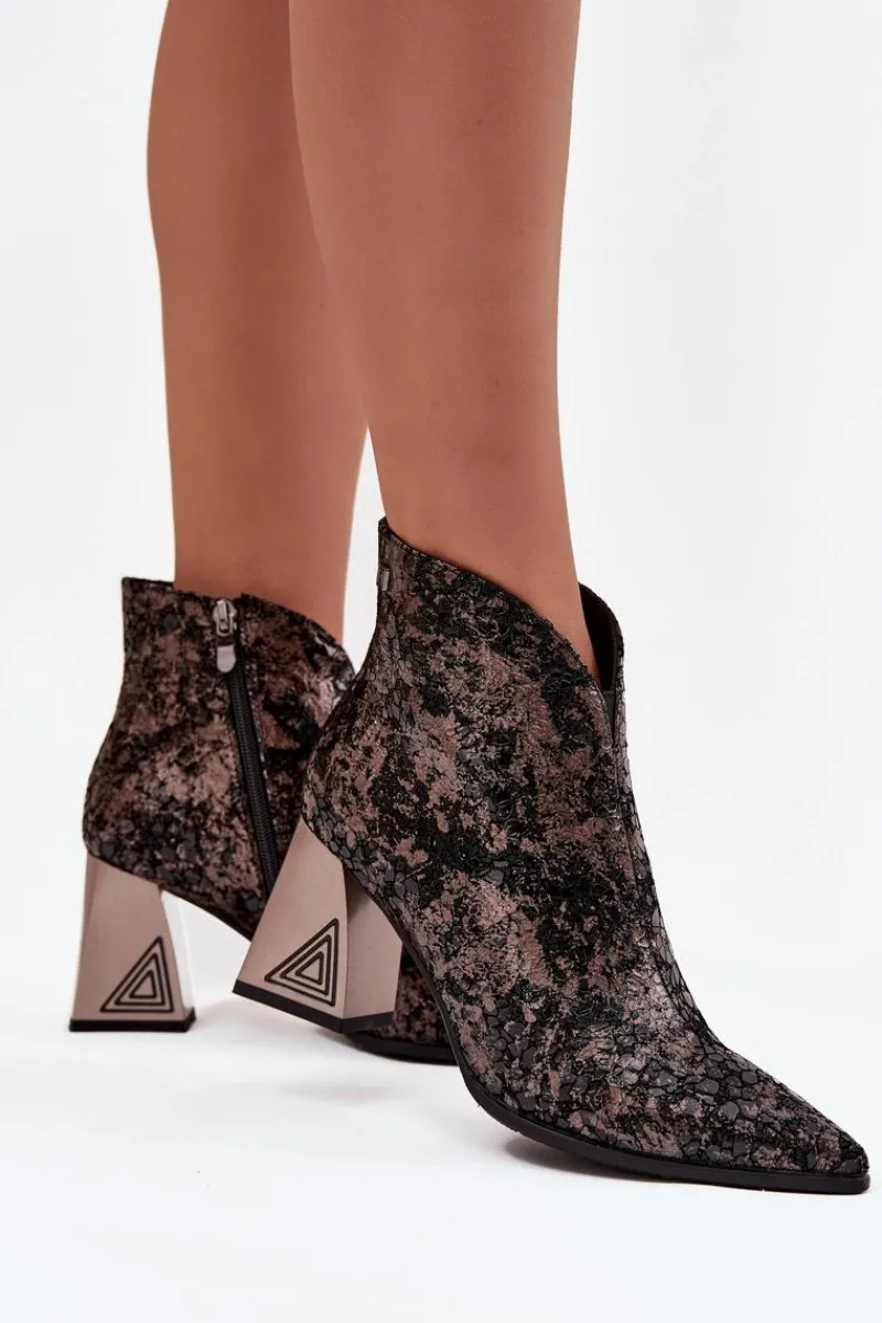 Sale Skórzane Botki Damskie Na Słupku CR52-679 Czarne Damskie Botki Ocieplane|Botki Skórzane