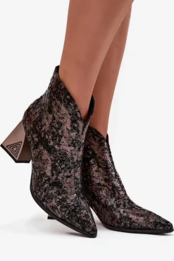 Sale Skórzane Botki Damskie Na Słupku CR52-679 Czarne Damskie Botki Ocieplane|Botki Skórzane