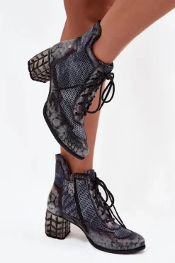 Hot Skórzane Botki Damskie Na Słupku 06989-03 Szare Damskie Botki Maciejka|Botki Skórzane