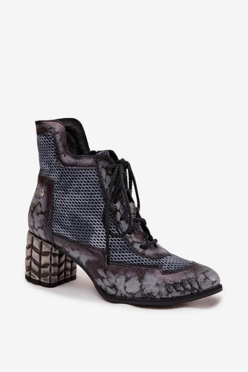 Hot Skórzane Botki Damskie Na Słupku 06989-03 Szare Damskie Botki Maciejka|Botki Skórzane