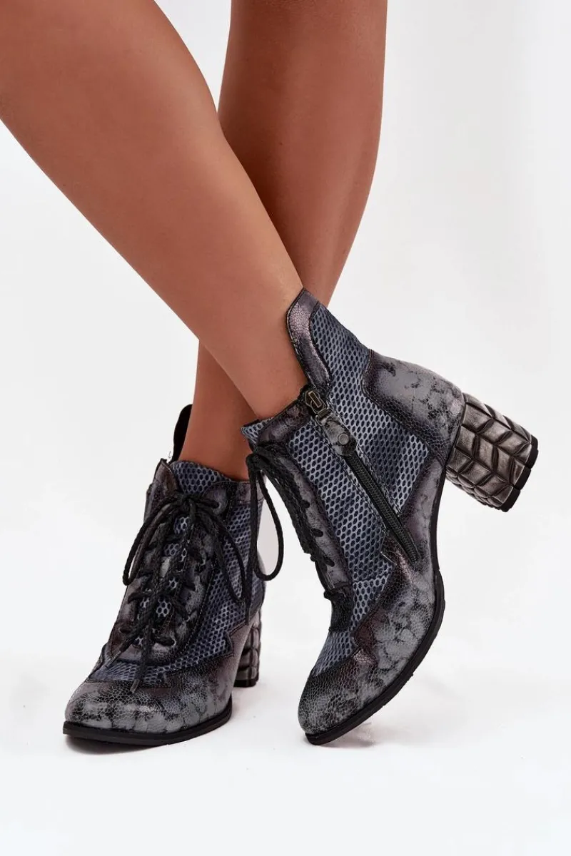 Hot Skórzane Botki Damskie Na Słupku 06989-03 Szare Damskie Botki Maciejka|Botki Skórzane