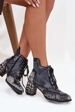 Hot Skórzane Botki Damskie Na Słupku 06989-03 Szare Damskie Botki Maciejka|Botki Skórzane