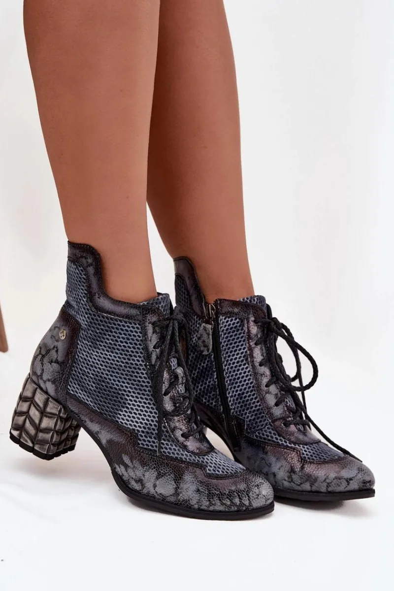 Hot Skórzane Botki Damskie Na Słupku 06989-03 Szare Damskie Botki Maciejka|Botki Skórzane