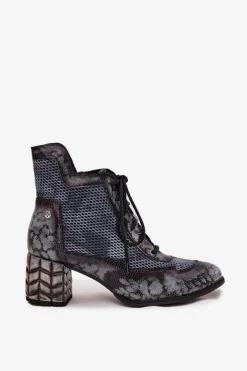 Hot Skórzane Botki Damskie Na Słupku 06989-03 Szare Damskie Botki Maciejka|Botki Skórzane