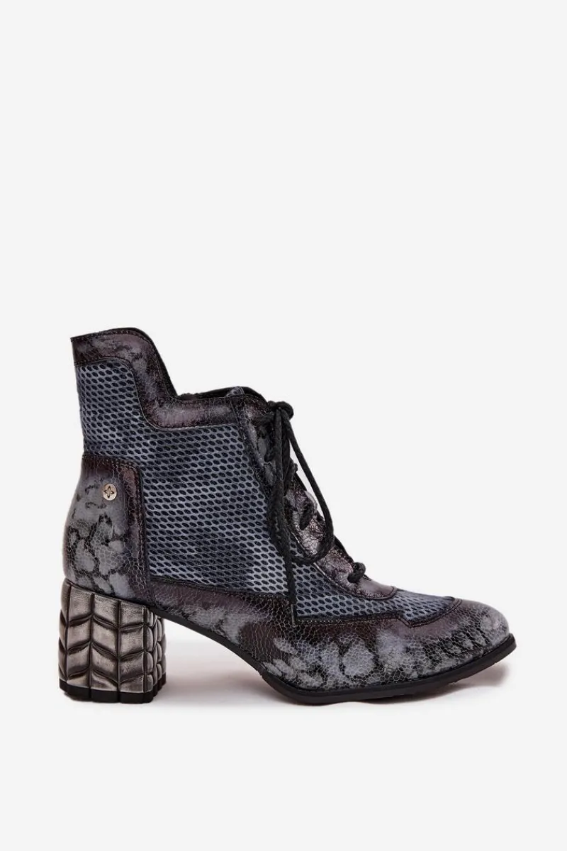 Hot Skórzane Botki Damskie Na Słupku 06989-03 Szare Damskie Botki Maciejka|Botki Skórzane