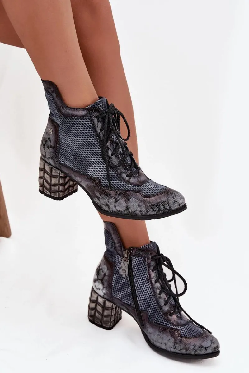 Hot Skórzane Botki Damskie Na Słupku 06989-03 Szare Damskie Botki Maciejka|Botki Skórzane