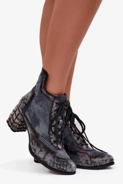 Hot Skórzane Botki Damskie Na Słupku 06989-03 Szare Damskie Botki Maciejka|Botki Skórzane