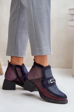 Botki Ocieplane|Botki Maciejka></noscript>Maciejka Skórzane Botki Damskie Na Masywnym Obcasie Z Ozdobą A6747-23 Bordowo-Granatowe